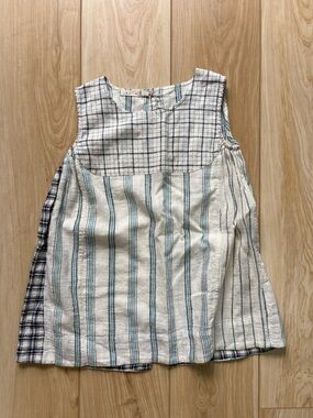 Injiri 2T linen sleeveless dress striped plaid neutral minimalist scandi summer